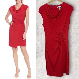 London Times Cowl Neck Side Twist Front Mini Dress Red Short Sleeves Size 6 Boho